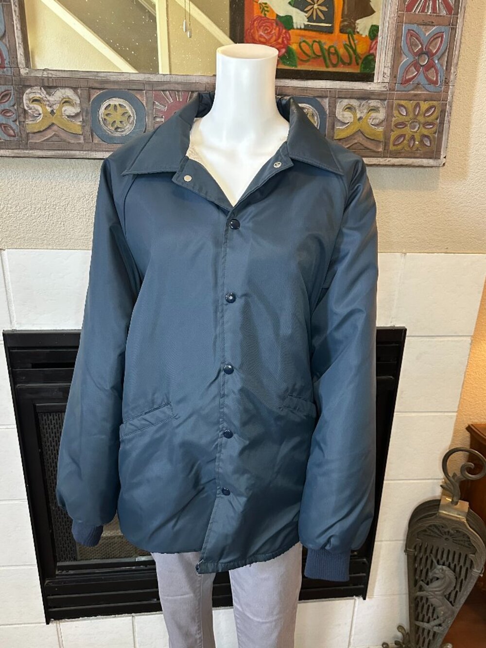 Vtg XL Hartwell Sherpa Lined Jacket Blue Snap Nylon gorpcore boxy fit workwear